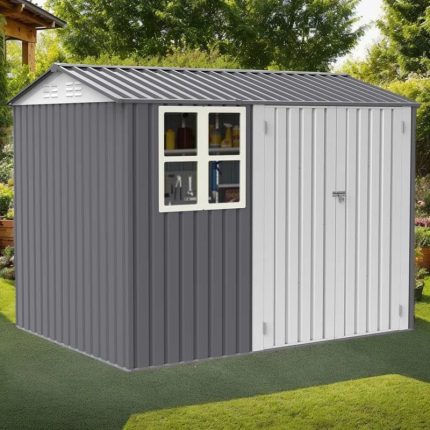 8.1X5.6X7.3FT Outdoor Storage Shed, Metal Tool Sheds With Window & Double Hinged Lockable Doors