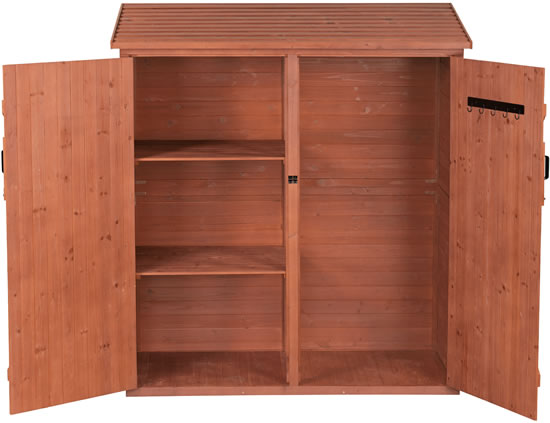 shed interior, shelving and hooks