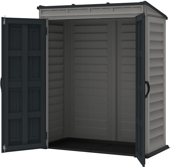 DuraMax YardMate Pent 5x3 Vinyl Shed - Assembled with Doors Open - Vinyl Flooring Included!