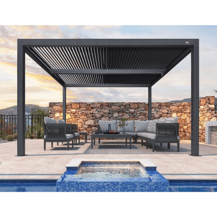 PURPLE LEAF Grey Louvered Pergola and Accessories with Adjustable Roof for Deck Backyard Garden – 12′ x 12′ – Strip Light Only